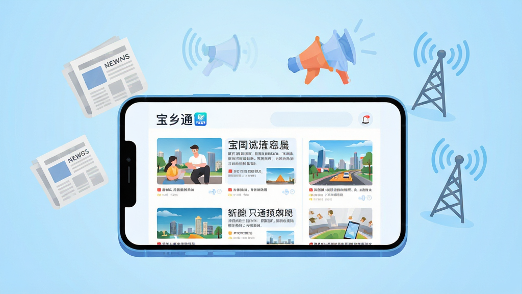 画面中心是一部横向放置的手机,屏幕展示着“宝乡通”的资讯瀑布流页面,页面上有清晰的新闻标题和配图。手机周围环绕着漂浮的报纸、喇叭和信号塔等半透明图标,象征着信息的高效传播。背景采用浅蓝色渐变,营造出科技感与亲和力并存的氛围。整体风格为扁平化插画设计,色彩明快,构图平衡,画质细腻,无多余装饰元素。