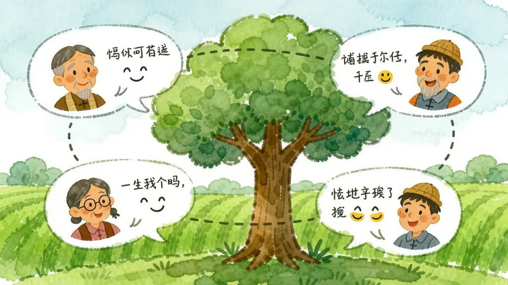 画面展示了一个以绿色田野为背景的社交互动场景。几个不同年龄段的村民头像以气泡形式漂浮在空中,气泡之间用虚线连接,代表交流与联系。每个气泡内都有简短的对话文字和笑脸表情。画面中央是一棵枝繁叶茂的大树,象征着乡土根基。整体风格为温馨的手绘水彩风,色彩柔和,笔触自然,画质清晰,无多余文字干扰。