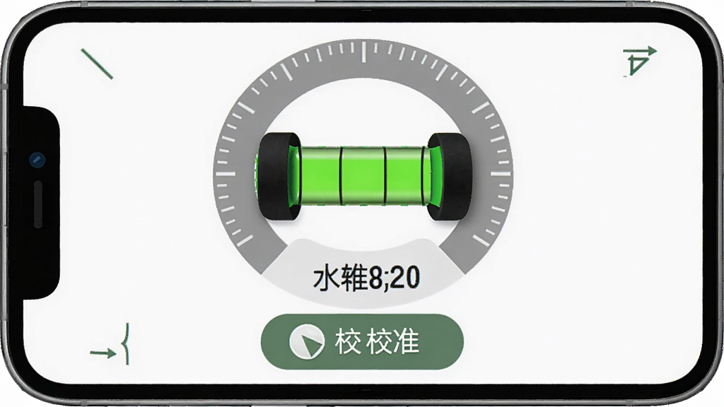 ��ˮ��������ˮƽУ׼���ܽ��棬�������ֻ���Ļ��ʾԲ������ˮƽ�������̶��������������ݾ�����ʾ���·���У׼��ť���Ű�Ϊ���½ṹ�����Ϊʵ�ù��߷��ϸ�ڰ�����ɫ���ݡ���ɫ�̶�Ȧ�����İ�ťͼ�꣬�����������ɾ����޶���Ԫ��