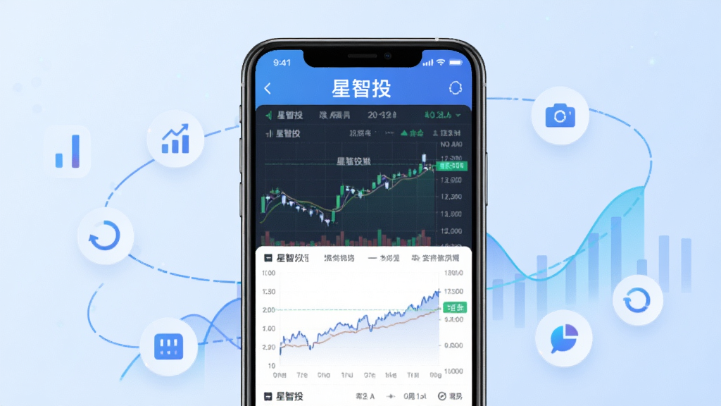 一张展示星智投软件核心界面的图片,画面中央是手机屏幕,屏幕内显示星智投的行情列表与图表走势,背景为简洁的浅蓝色渐变,周围环绕着数据图标与曲线元素,整体风格现代科技感,构图居中,画质清晰,干净无多余元素,图片中文字标注“星智投”