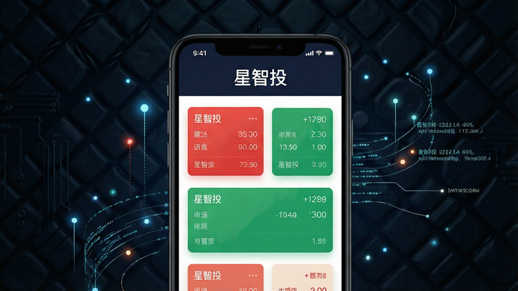 一张展现星智投实时行情功能的图片,画面主体为手机屏幕显示红绿相间的行情数据卡片,屏幕上方有“星智投”字样,背景为深色科技纹理,周围有光点与数据流线条,布局简洁,风格现代,画质清晰,干净无多余元素