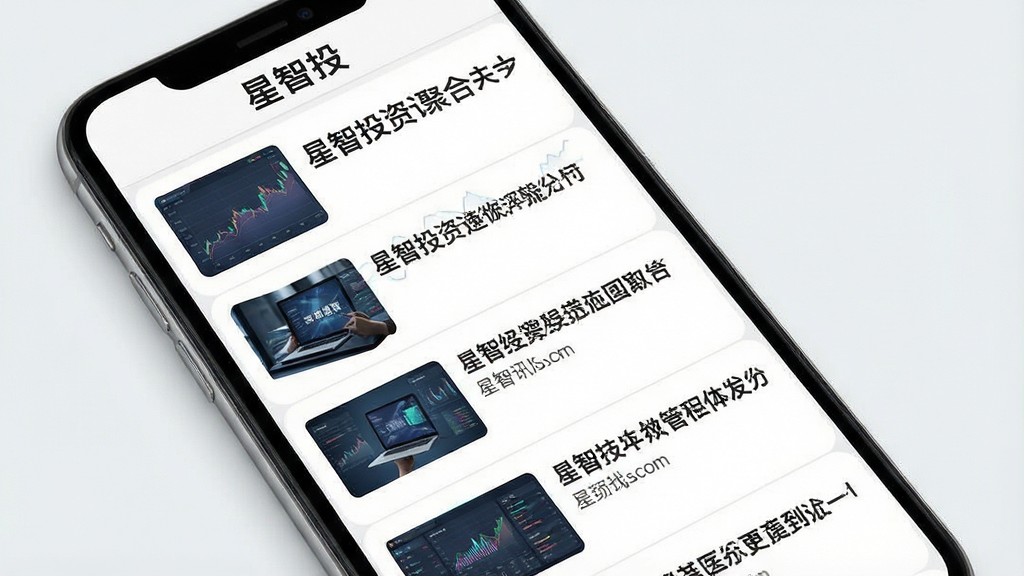 一张展示星智投资讯聚合界面的图片,画面为手机屏幕显示信息流列表,每条资讯带有缩略图与标题,屏幕顶部有“星智投”标识,背景为白色与浅灰搭配,风格清爽,布局整齐,画质清晰,干净无多余元素
