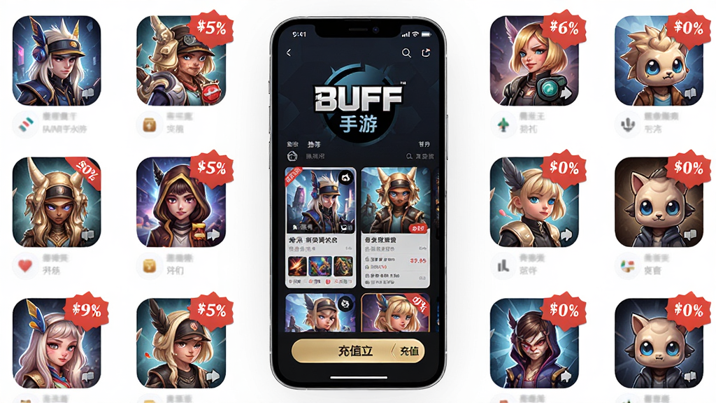 һ��չʾBUFF����ƽ̨��ҳ��ͼƬ�������������ֻ���Ļ����Ļ����ʾBUFF���ε�LOGO����Ϸ�Ƽ��б�����Χ�����Ŷ�����Ϸͼ����ۿ۱�ǩ�����ּ�����ˣ�����ִ��Ƽ��У�ϸ�ڰ�����Ϸ���桢�ۿ۽Ǳꡢ��ֵ��ť�����ʸ��壬�ɾ����޶���Ԫ��