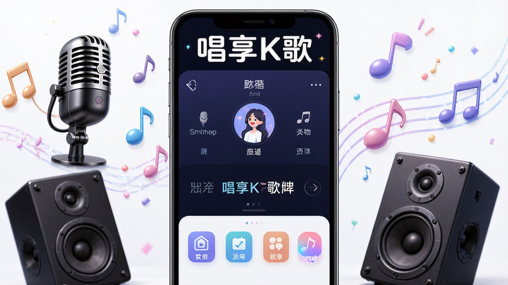 主体是唱享K歌软件界面展示,布局为手机屏幕居中放置,周围环绕麦克风、音符、音箱等音乐元素,排版采用上下结构上方为软件名称下方为功能图标,风格为现代科技感与娱乐氛围结合,细节上屏幕内显示点歌界面和歌词滚动效果,画质高清干净无多余元素。