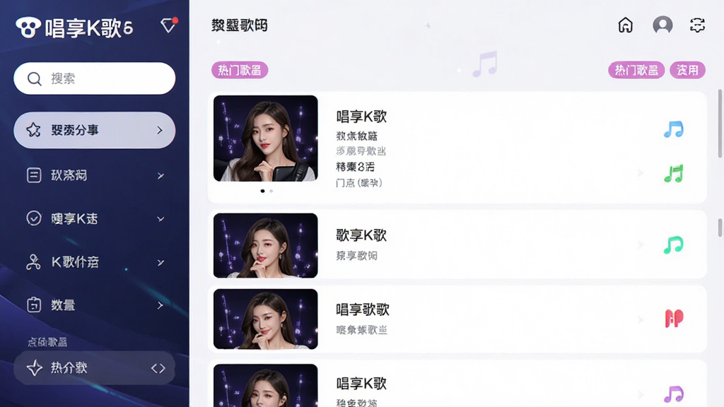 主体是唱享K歌点歌界面,布局为左侧分类栏右侧歌曲列表,排版整齐清晰,风格为简约娱乐风,细节上显示搜索框和热门歌曲标签,画质高清干净无多余元素。