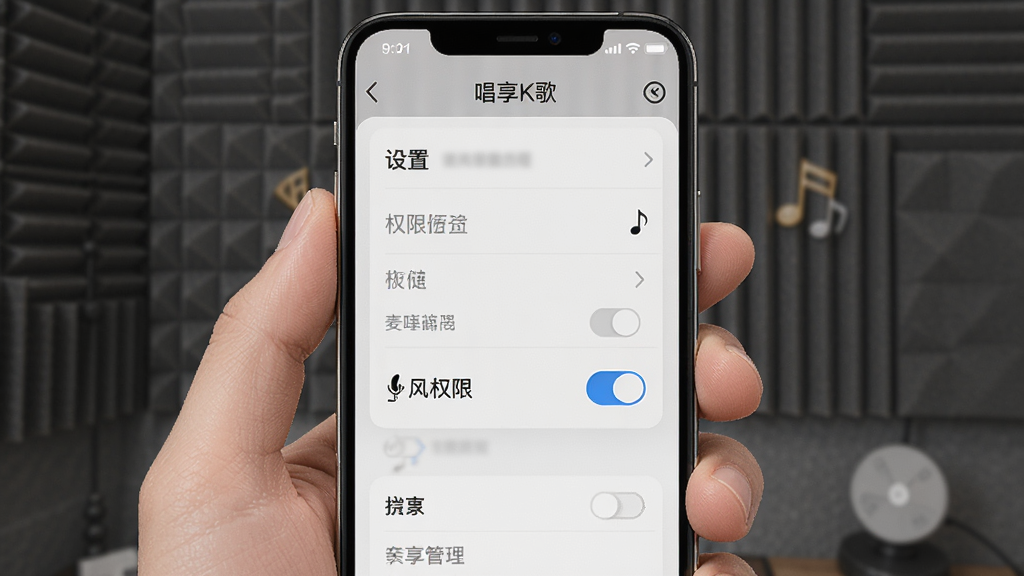 主体是唱享K歌手机端操作界面,布局为手持手机展示设置菜单,排版突出权限管理选项,风格为教程指引风,细节上显示存储和麦克风权限开关,画质高清干净无多余元素。