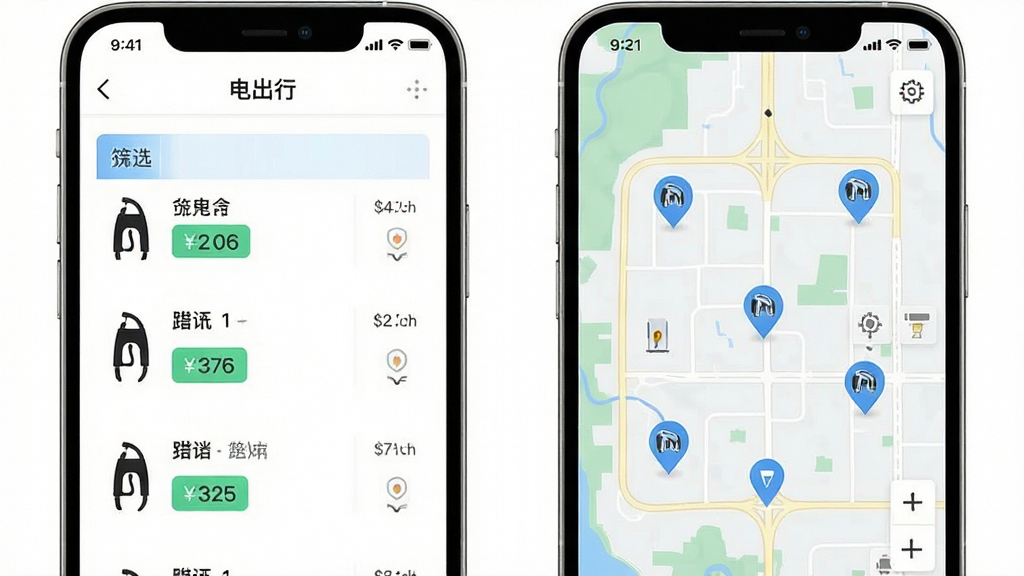 画面主体为“电出行”应用内的充电站列表与地图双视图界面,左侧为筛选条件面板,右侧为地图标注点,布局左右分栏,风格为清爽的移动端UI展示,细节包含充电枪图标、价格标签与距离数值,画质锐利干净,无多余元素