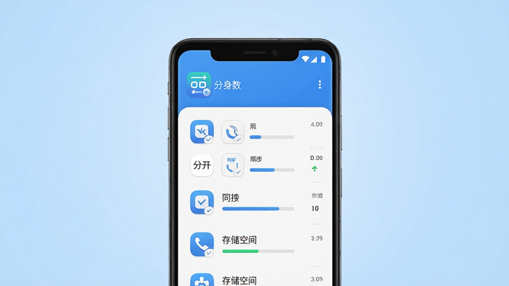 软件主界面展示图,画面中央放置一部安卓手机,手机屏幕上显示“分身数”应用图标与多开管理列表,背景为浅蓝色渐变,布局采用居中对称排版,风格简洁现代科技感,细节包括应用分身图标、同步进度条、存储空间指示,画质清晰干净,无多余装饰元素