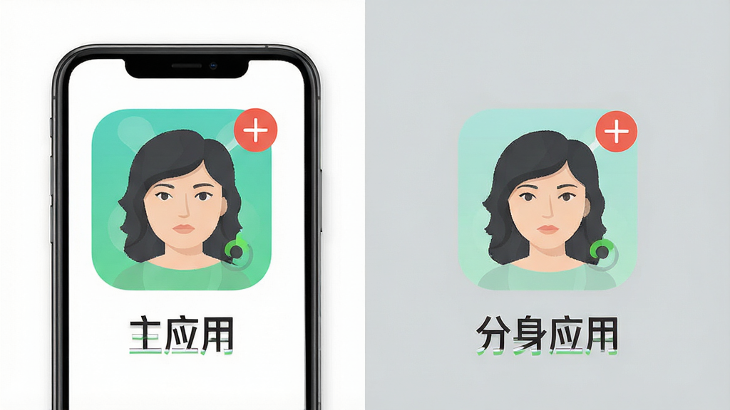 应用多开功能展示图,画面中一部手机同时显示两个相同应用的图标并排排列,图标下方分别标注“主应用”与“分身应用”,背景为白色与淡灰色块拼接,布局为左右对比排版,风格扁平化设计,细节包括应用角标、运行状态指示灯,画质清晰干净,无多余元素