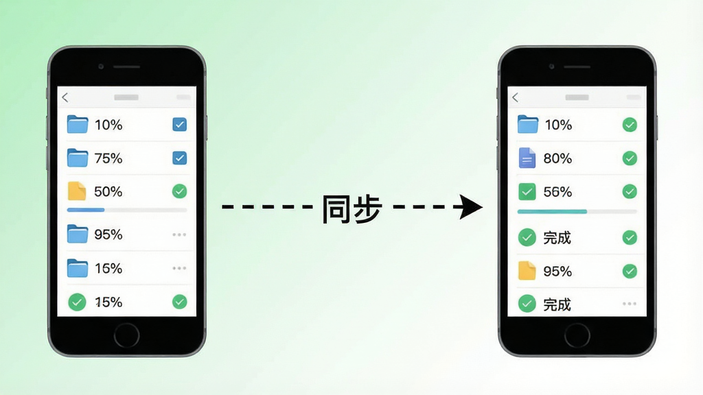 数据同步功能展示图,画面中央展示两个手机图标之间用虚线箭头连接,箭头中间标注“同步”字样,手机屏幕内显示文件列表与进度百分比,背景为浅绿色与白色渐变,布局为横向流程排版,风格清爽简约,细节包括文件夹图标、勾选框、完成状态标记,画质清晰干净,无多余装饰