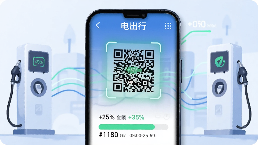 画面展示“电出行”扫码充电与订单管理界面,主体为手机屏幕中的二维码扫描框与充电进度条,背景点缀充电桩轮廓与数据线条,布局上下结构,风格为现代科技感UI插画,细节包含电量百分比、金额数字与时间戳,画质干净清晰,无多余元素