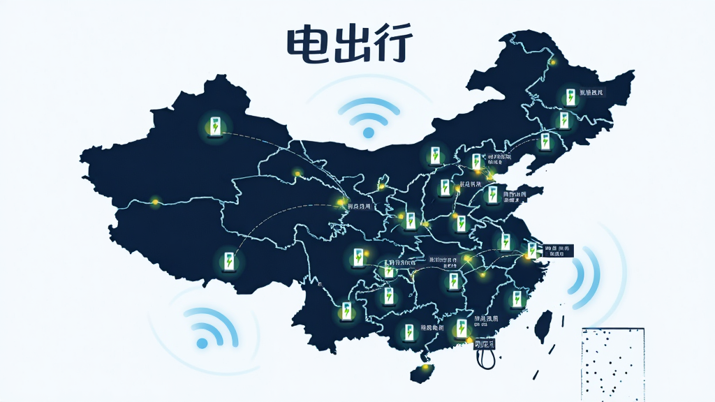 画面呈现“电出行”多城市覆盖概念图,主体为中国地图轮廓上散布的充电桩图标与数据连接线,布局以地图为中心,风格为信息可视化插画,细节包含城市名称标签、实时更新光点与信号波纹,画质清晰干净,无多余元素