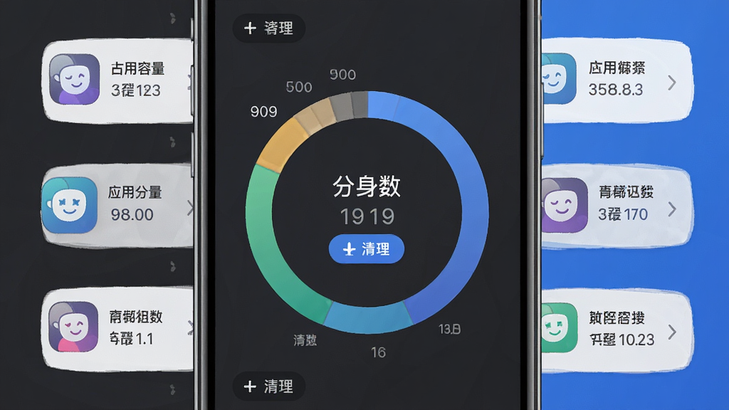 存储管理功能展示图,画面中一部手机屏幕显示存储空间环形图,环形图内标注“分身数”,周围列出多个应用分身图标与对应占用容量,背景为深灰色与蓝色搭配,布局为居中环形排版,风格数据可视化风格,细节包括容量数字、清理按钮、分类标签,画质清晰干净,无多余元素