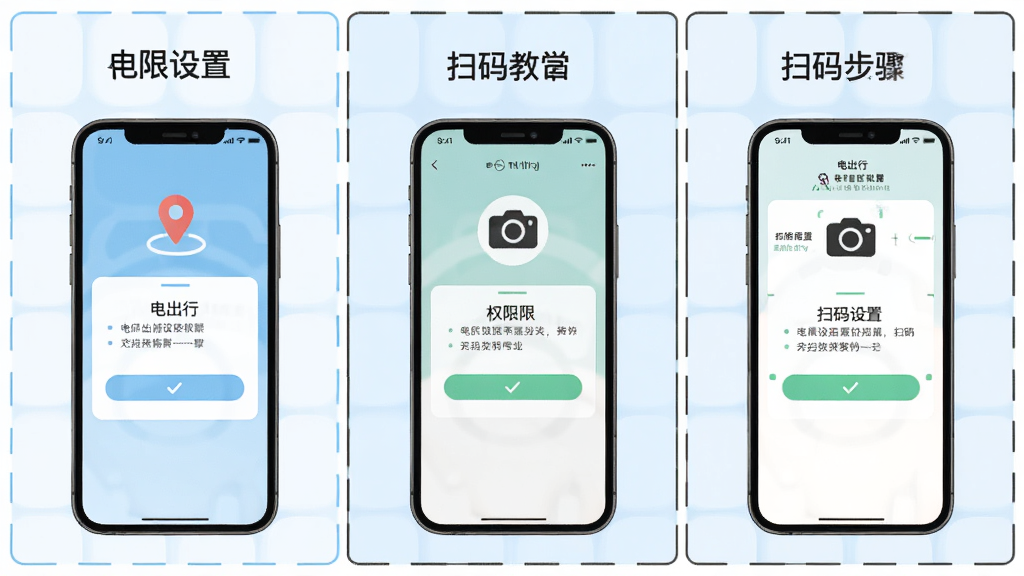 画面展示“电出行”新手操作引导页,主体为手机屏幕中的权限设置与扫码教学步骤,布局为三格分镜式,风格为简洁明快的说明插画,细节包含定位图标、相机图标与勾选标记,画质清晰干净,无多余元素