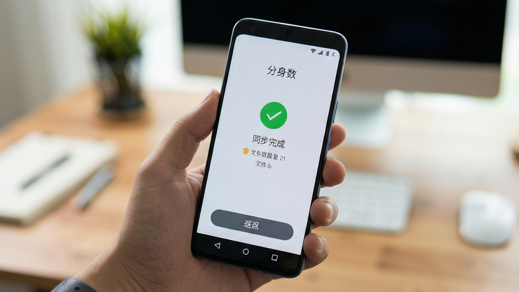 手机操作场景图,画面中一只手拿着安卓手机,手机屏幕显示“分身数”的数据同步完成界面,背景为室内书桌环境虚化,布局为手持特写排版,风格生活化科技感,细节包括同步完成对勾图标、文件数量统计、返回按钮,画质清晰干净,无多余元素