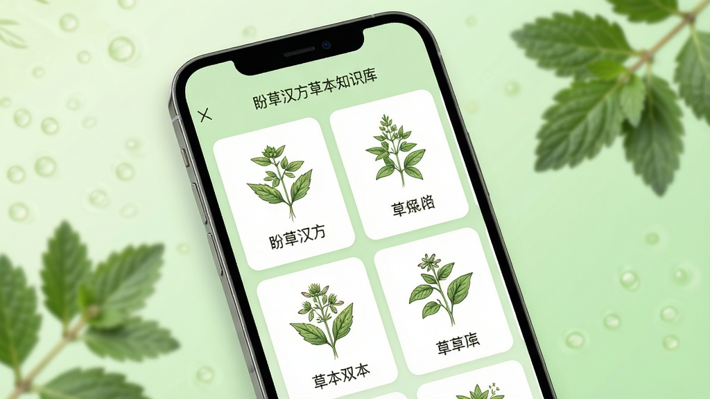 盼草汉方草本知识库界面展示,画面主体为手机屏幕特写,屏幕内呈现草本植物卡片列表,每张卡片配有植物插画与名称文字,背景为浅绿色渐变,周围点缀几片虚化的草本叶片,风格清新淡雅,排版整齐有序,画质高清,画面干净无多余元素
