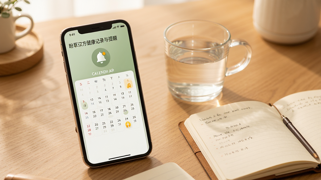 盼草汉方健康记录与提醒界面展示,画面中手机屏幕显示日历式记录面板与铃铛提醒图标,屏幕旁边有一杯温水和一本打开的笔记本,背景为暖色调桌面,风格温馨简约,排版清晰,画质细腻,画面干净无多余元素