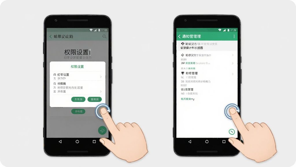 盼草汉方安装设置操作示意图,画面中一部安卓手机展示权限设置界面与通知管理界面,屏幕旁边有手指点击的示意手势,背景为浅灰色简约风格,排版清晰,画质干净,画面无多余元素