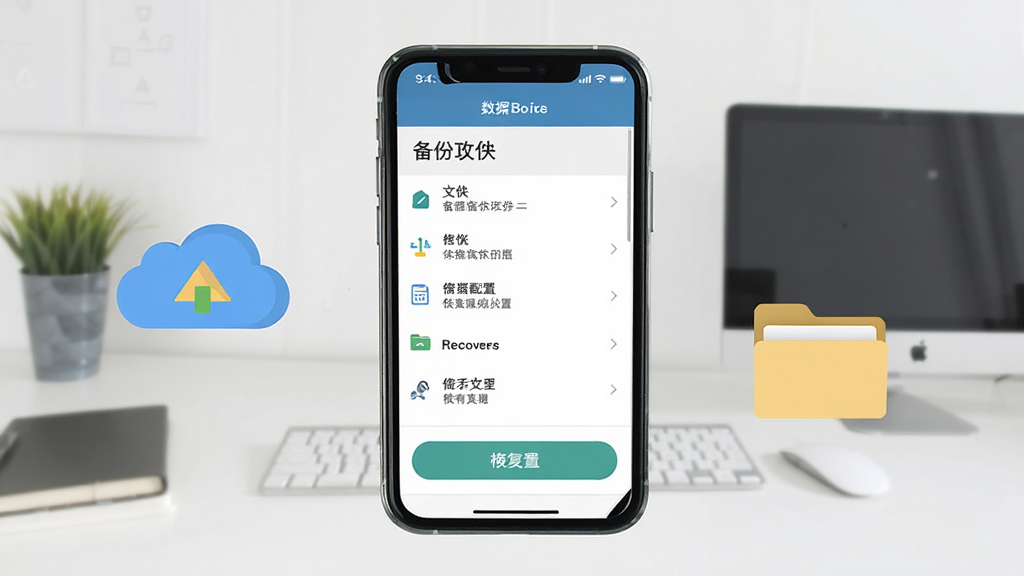 一张展示多功能参数配置软件数据备份界面的图片,手机屏幕中显示备份文件列表和恢复按钮,旁边有云存储图标和文件夹图标,背景为简洁的办公桌面,风格为扁平化设计,排版整齐,画质清晰,干净无多余元素