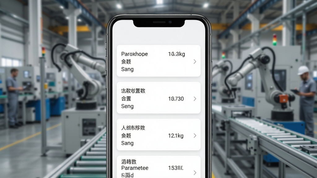 一张展示多功能参数配置软件模板管理界面的图片,手机屏幕中显示多个参数模板卡片,每个卡片上有模板名称和参数数量,背景为工厂产线环境,风格为写实工业风,排版简洁,画质清晰,干净无多余元素