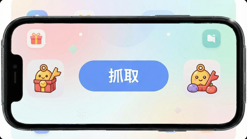 一张展示趣抓软件主界面的预览图,主体为手机屏幕中显示趣抓APP的首页,布局中央为醒目的抓取按钮和卡通风格奖品陈列,排版简洁明快,风格为现代扁平化设计,细节包括柔和的渐变背景和圆润的图标,画质清晰,干净,无多余元素