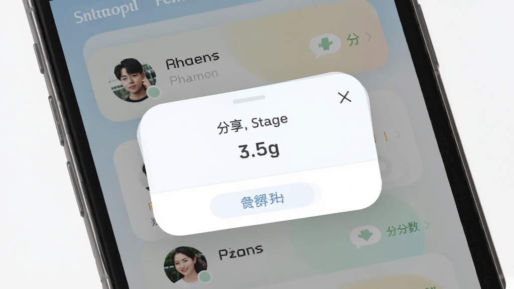 趣抓社交分享界面的展示图,主体为手机屏幕显示分享弹窗和排行榜列表,布局为上下结构,排版清晰展示好友头像和分数,风格为清新简约风,细节包括柔和的色彩和圆角卡片,画质锐利,干净,无多余元素