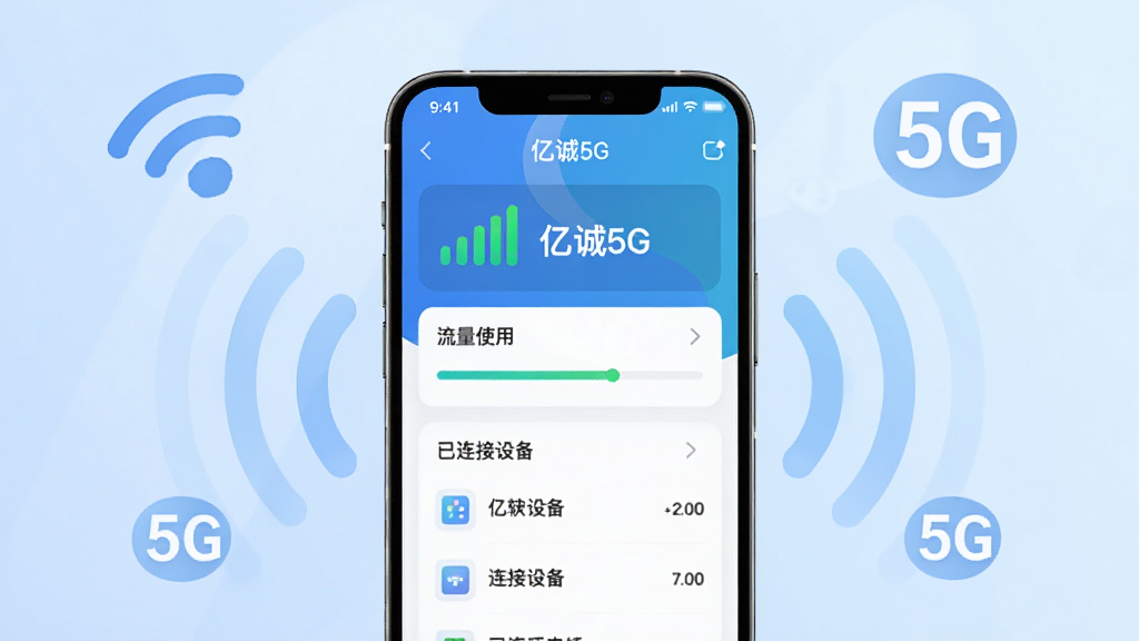亿诚5G软件主界面展示,画面中央是一部智能手机,屏幕上显示着亿诚5G的应用界面,界面中有信号强度图标、流量使用进度条、已连接设备列表等元素,背景是柔和的浅蓝色渐变,周围环绕着WiFi信号波纹和5G网络标识,整体风格简洁现代,科技感十足,画质清晰,干净,无多余元素