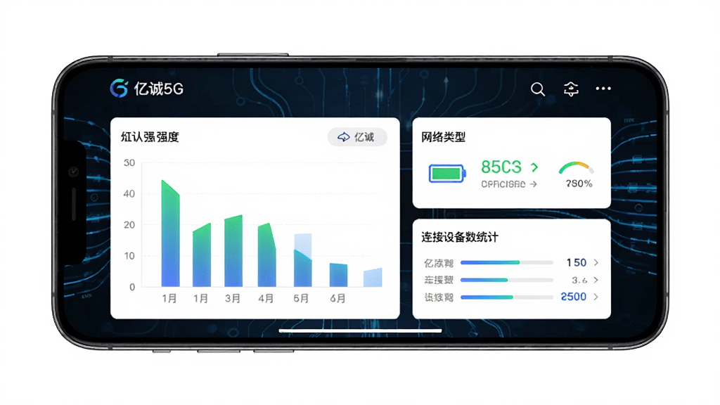 亿诚5G设备状态监控界面,画面中一部手机横屏显示,屏幕上是亿诚5G应用的状态监控页面,有信号强度柱状图、电池电量图标、网络类型标识和连接设备数量统计,背景是深色科技风格,有蓝色的数据流动线条,整体布局清晰,信息层次分明,画质高清,干净,无多余元素