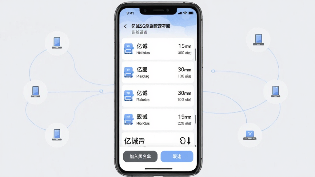 亿诚5G终端管理界面,画面中一部手机屏幕显示着已连接设备列表,每个设备旁边有设备图标、名称和实时网速,界面底部有“加入黑名单”和“限速”按钮,背景是浅灰色简约风格,有细微的设备连接线连接各个设备图标,整体排版整齐,画质清晰,干净,无多余元素