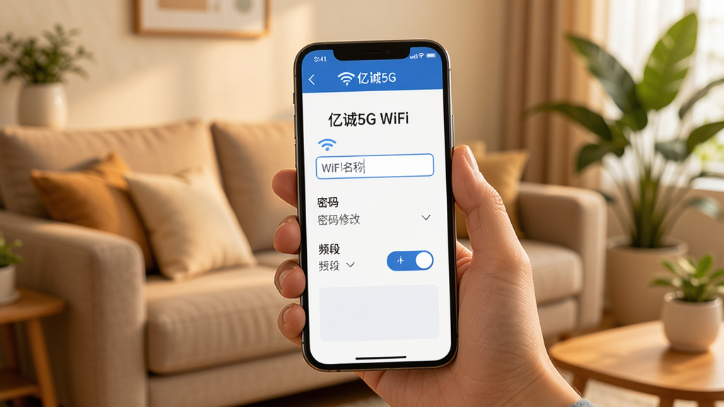 亿诚5G应用操作界面,画面中一只手拿着手机,屏幕上显示着亿诚5G的WiFi设置页面,有WiFi名称输入框、密码修改选项和频段切换按钮,背景是温馨的家居环境,有沙发和绿植,整体色调温暖,画质清晰,干净,无多余元素