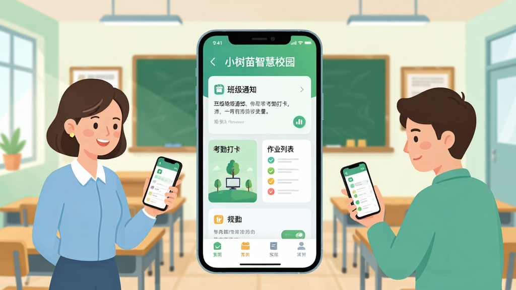 画面中央是一部智能手机,手机屏幕上显示着“小树苗智慧校园”的APP主界面,界面中包含班级通知、考勤打卡、作业列表等模块。手机两侧分别站着一位微笑的老师和一位家长,他们各自手持手机正在查看信息。背景是明亮整洁的校园教室场景,有绿色的黑板和整齐的课桌。整体风格为扁平化插画,色调清新柔和,以绿色和蓝色为主。画面干净整洁,无多余装饰元素,高清画质。