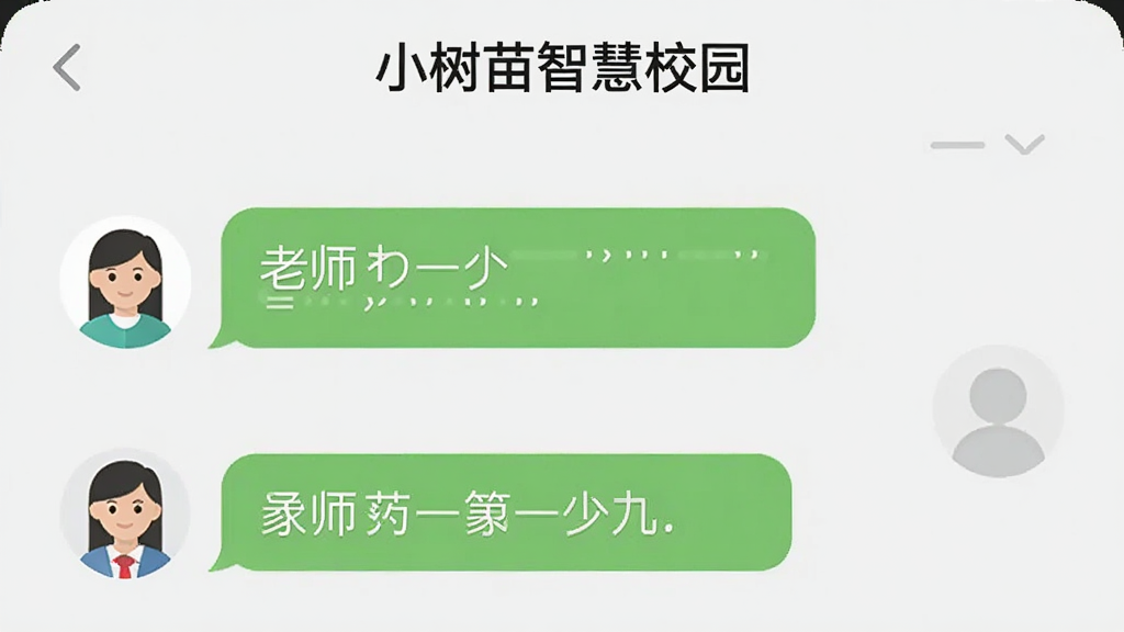 画面展示一个简洁的聊天界面,界面顶部写有“小树苗智慧校园”字样,聊天窗口中显示老师发送的作业通知和家长的回复消息。界面左侧是老师的头像,右侧是家长的头像,消息气泡清晰可见。背景为浅灰色,整体风格简约现代,扁平化设计,画质清晰,无杂乱元素。