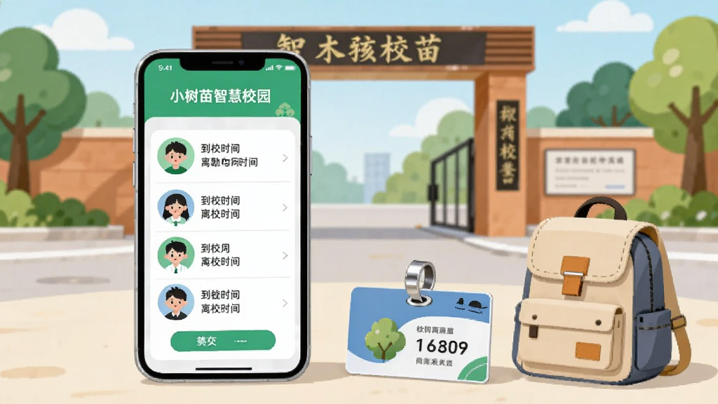 画面中一部手机屏幕显示“小树苗智慧校园”的考勤页面,页面上有学生头像、到校时间、离校时间等信息。手机旁边放着一张校园门禁卡和一个小书包。背景是校园门口的场景,有校门和绿树。整体风格清新明亮,扁平化插画,画质干净,无多余元素。