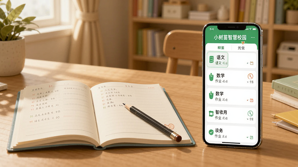画面展示一个书桌场景,桌面上放着一本打开的作业本和一支铅笔,旁边一部手机屏幕显示“小树苗智慧校园”的作业列表页面,页面上有语文、数学等科目的作业条目。背景是温馨的家庭书房环境,色调柔和,风格为写实插画,画质高清,干净整洁。