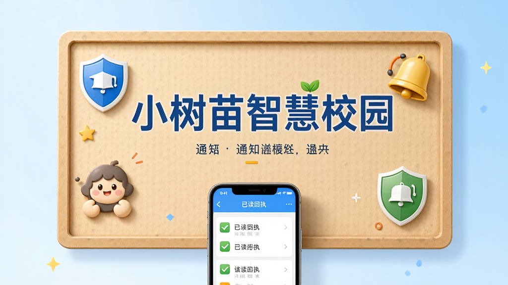 画面中央是一个大大的通知公告板,公告板上写着“小树苗智慧校园”的通知标题,周围有盾牌、铃铛等安全相关图标。公告板下方是一部手机,屏幕上显示已读回执的列表。背景为浅蓝色渐变,整体风格简洁商务,画质清晰,无多余元素。