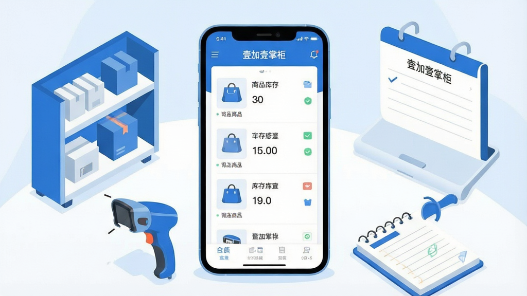 一张展示手机端店铺管理应用的场景图,画面中央是一部竖屏智能手机,屏幕上显示简洁的商品列表与库存数字面板,手机周围散落着小型货架、扫码枪和记账本等元素,整体采用扁平化插画风格,色调以蓝白为主,画面干净整洁,文字标注“壹加壹掌柜”,高清画质,无多余装饰元素