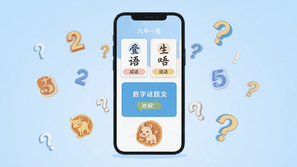 画面中央放置一部智能手机,手机屏幕显示九牛一毛应用主界面,界面中包含成语卡片、数字谜题入口和生肖图标,背景为淡蓝色渐变,手机周围散落着数字符号和问号图标,整体风格清新简洁,扁平化插画风格,细节清晰,画质干净,无多余元素