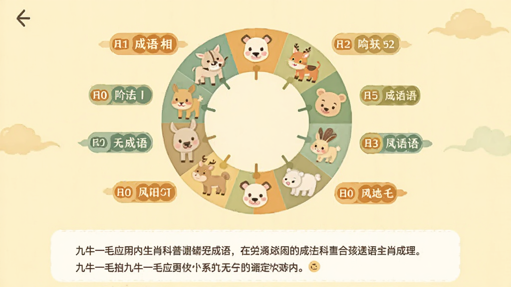 九牛一毛应用内的生肖科普页面,页面中央显示十二生肖环形排列图,每个生肖旁边配有对应的成语关联标签,下方有文字说明区域,背景为淡黄色,界面风格温和亲切,排版清晰,扁平化设计,细节干净,无多余元素