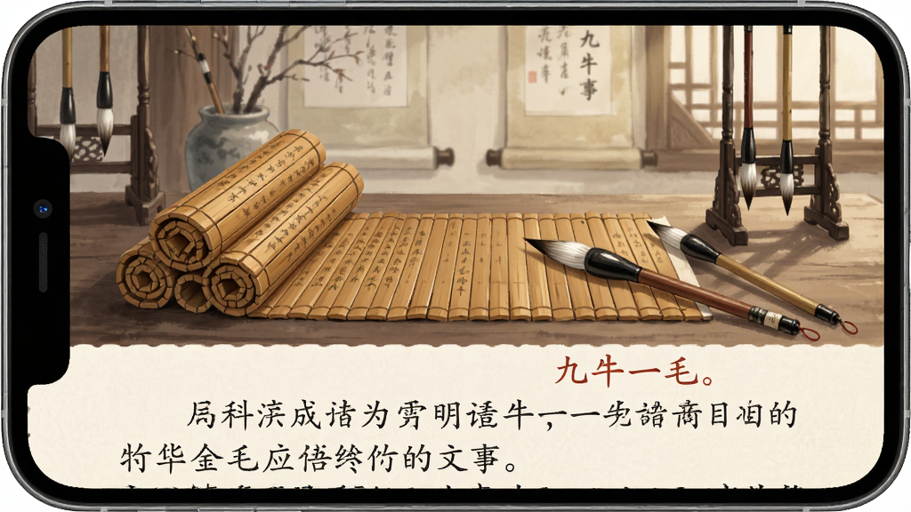 九牛一毛应用内的成语故事阅读界面,手机屏幕显示古代书房场景插画,画面中有竹简和毛笔元素,下方为故事文字排版区域,背景为米白色,界面风格古风雅致,排版舒适,细节清晰,画质干净,无多余元素