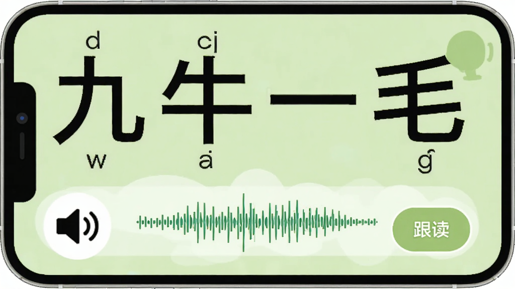 九牛一毛应用内的拼音学习页面,手机屏幕显示大字拼音标注和发音波形图,界面中有喇叭图标和跟读按钮,背景为浅绿色,排版简洁明快,扁平化风格,细节清晰,画质干净,无多余元素