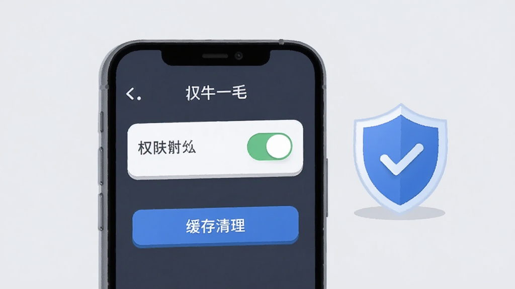 九牛一毛应用设置页面截图风格插画,画面展示手机屏幕上的权限开关和缓存清理按钮,旁边有盾牌图标代表安全防护,背景为浅灰色,风格简洁商务,排版清晰,细节干净,无多余元素