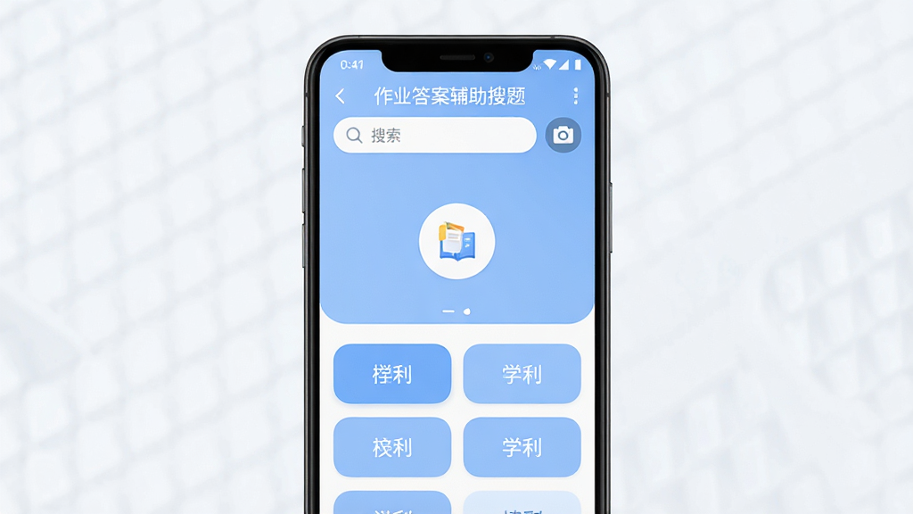 一款名为“作业答案辅助搜题”的安卓手机应用界面展示图,主体为手机屏幕正中央显示拍照搜题功能页面,布局上方为搜索框和相机图标,下方为各学科分类按钮,排版采用上下结构,风格为清新简约的教育类应用风格,细节包含圆角卡片、柔和蓝色主色调、白色背景,画质高清,画面干净,无多余元素