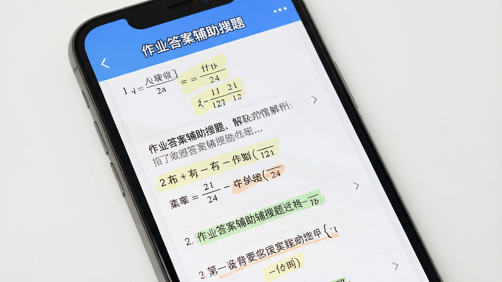 手机屏幕展示“作业答案辅助搜题”的解析页面,主体为屏幕中的分步解题过程,布局为纵向列表,排版清晰,风格为教育工具类界面,细节包含公式、文字说明、高亮标记,画质高清,画面干净,无多余元素