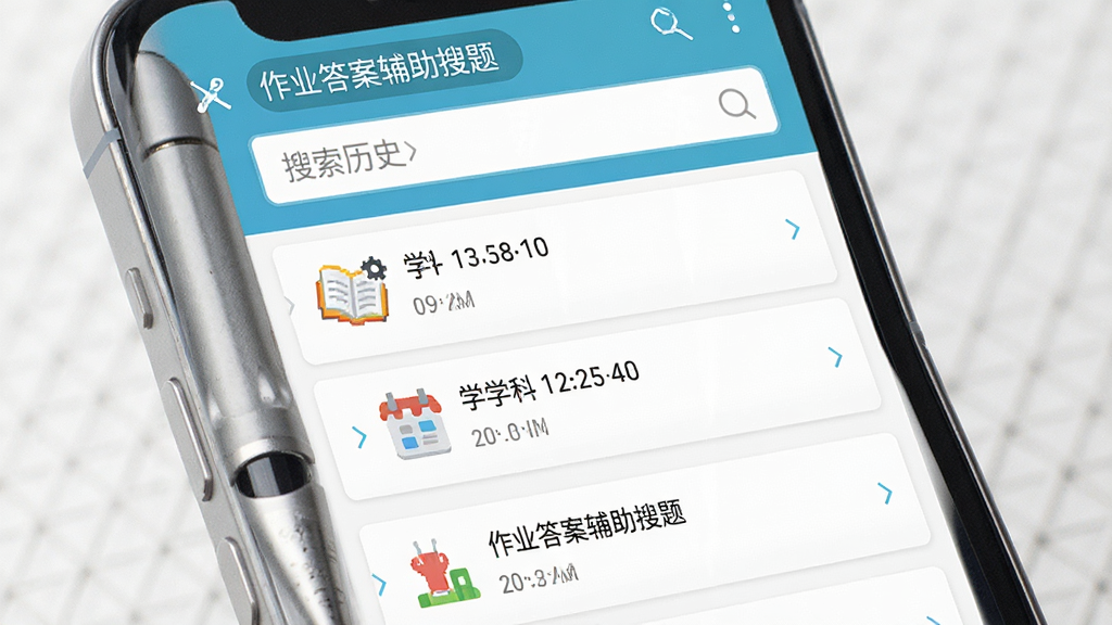 手机界面展示“作业答案辅助搜题”的搜索历史页面,主体为按时间排列的题目记录列表,布局为纵向滚动列表,排版整洁,风格为简约工具类应用,细节包含时间标签、学科图标、搜索框,画质高清,画面干净,无多余元素