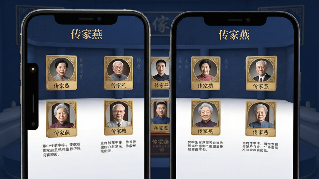 传家燕APP的家族线上纪念馆功能界面展示,手机屏幕中呈现一座虚拟纪念堂,堂内有序排列着家族先辈的照片与姓名牌,每张照片下方配有简短的生平介绍文字。屏幕上方有“传家燕”应用名称标识。画面采用庄重典雅的深蓝与金色配色,风格为精致的UI界面展示图,细节清晰,画质干净,无多余装饰元素。