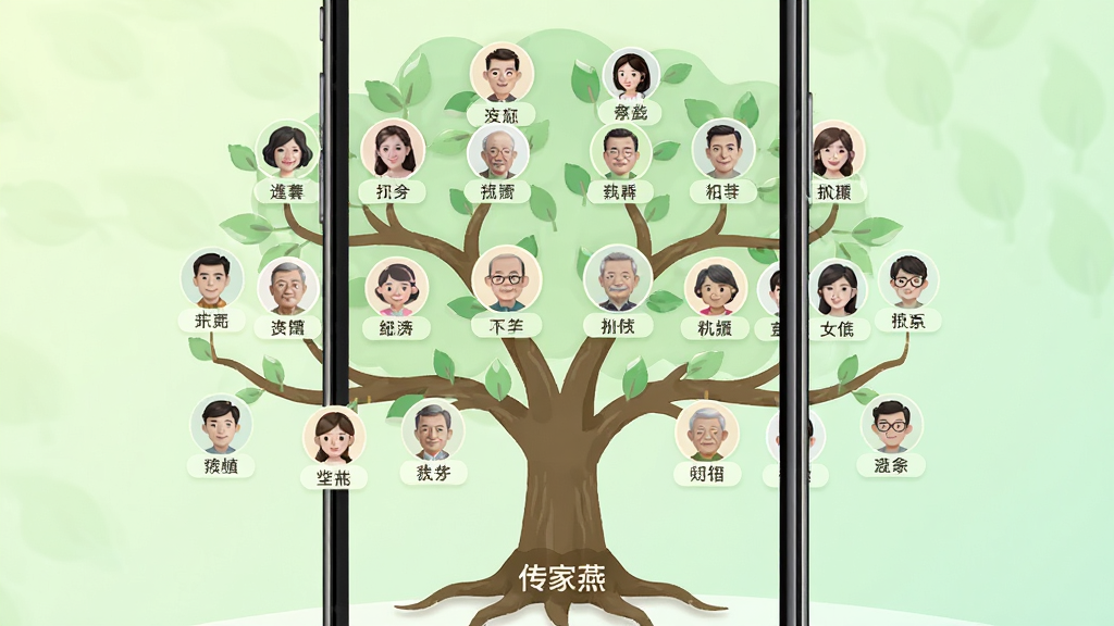 传家燕APP的家族成员档案管理界面,手机屏幕中展示一棵枝繁叶茂的家族树,树枝上挂着代表不同家族成员的小头像与姓名标签,树根处标有“传家燕”字样。背景为柔和的淡绿色渐变,风格为清新扁平化UI展示图,细节精致,画质清晰干净,无多余元素。