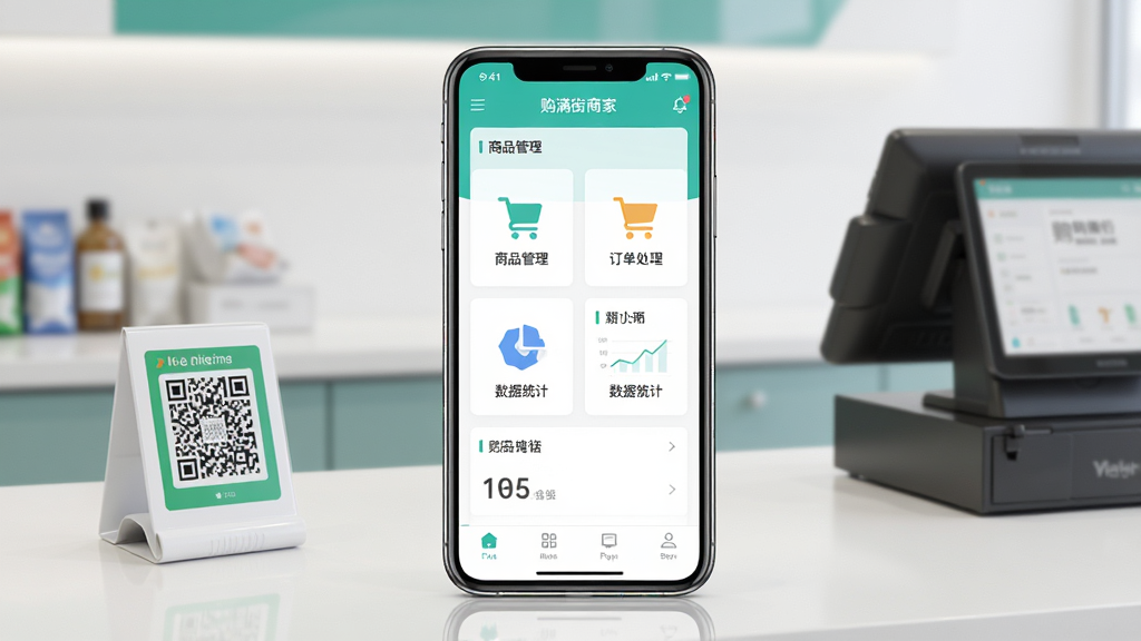 购满街商家应用主界面展示图,画面中央是一部智能手机,屏幕上清晰显示购满街商家的店铺管理首页,包含商品管理、订单处理、数据统计等模块图标,背景为整洁的现代商铺收银台场景,主体突出,布局居中对称,排版简洁有序,风格为清新写实的扁平化UI风格,细节上手机边缘有轻微反光效果,桌面摆放一台收款码立牌,整体画质清晰锐利,干净明亮,无多余杂乱元素