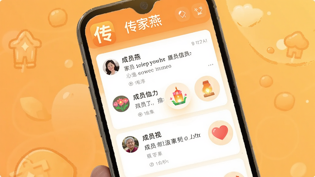 传家燕APP的家族互动界面展示,手机屏幕中显示家族动态信息流,包含成员留言、虚拟鲜花和心灯图标,屏幕上方有“传家燕”应用标识。画面采用温暖的橙黄色调,风格为现代扁平化UI设计图,细节丰富清晰,画质干净,无多余文字与装饰。