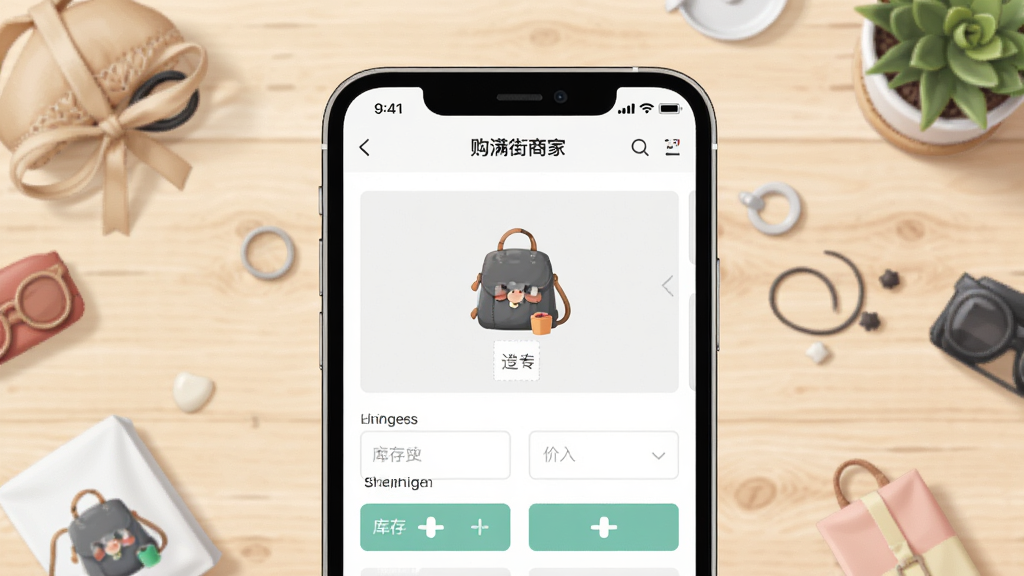 购满街商家商品管理功能展示图,画面中心为手机屏幕特写,屏幕内显示购满街商家的商品编辑页面,包含商品图片上传区域、价格输入框和库存数量调节按钮,背景为浅色木质桌面,桌面散落几件小型商品作为点缀,布局为居中构图,风格为现代简约的产品演示插画风格,细节上手机界面元素清晰可辨,整体画质高清干净,无多余元素
