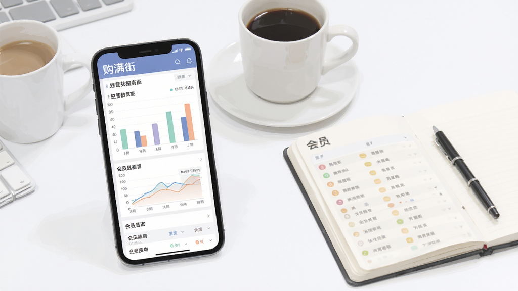 购满街商家数据统计与会员管理界面展示图,画面主体为手机屏幕,屏幕内显示购满街商家的经营数据看板,包含柱状图、折线图和会员列表,背景为简洁的办公桌面环境,旁边放有一杯咖啡和笔记本,布局为手机居中偏左,右侧留白,风格为清爽的商务扁平插画风格,细节上图表色彩柔和,数据线条清晰,整体画质干净锐利,无多余装饰元素
